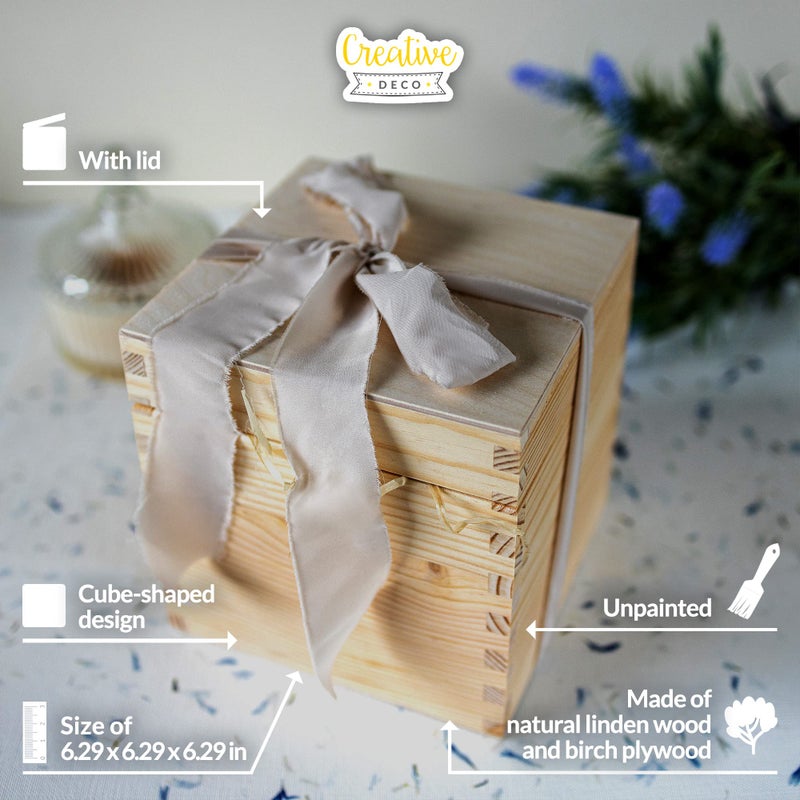Creative Deco Wooden Storage Box Cube Square | 6.29 x 6.29 x 6.29 in | with Lid & Without Handles | Plain, Unpainted & Unfinished | Office Storage Jewelry Box Keepsake Trinket Chest Treasure - Image 4